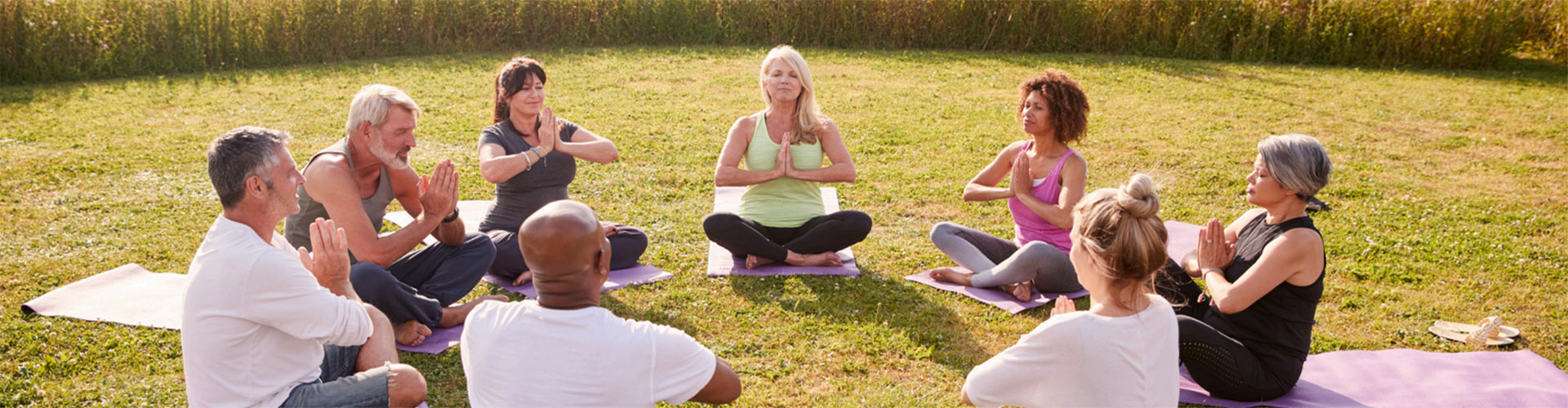 Wellness group sitting in a grass field